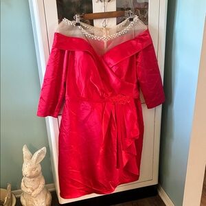 Ryanth Elegant Red Beaded Sheer Neckline sz 16W Pin Io Dress Pearl Detail nwt